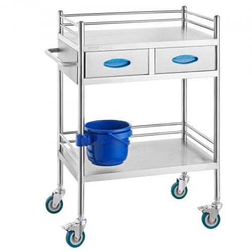 VEVOR stainless steel 2-tier lab cart with drawers and lockable wheels for medical or dental use