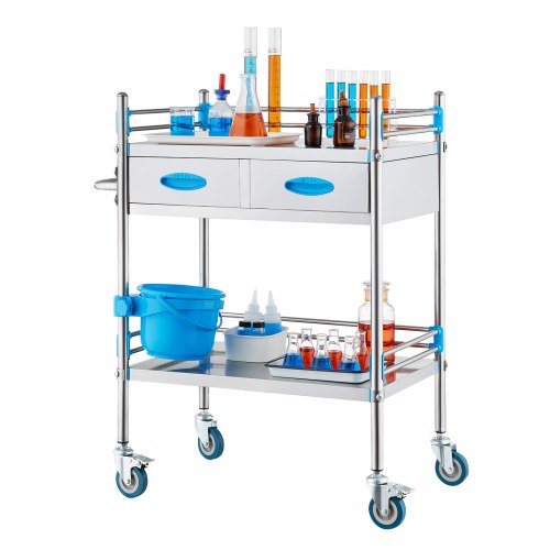 VEVOR stainless steel 2-tier rolling service cart with dual drawers, lockable wheels, and a bucket