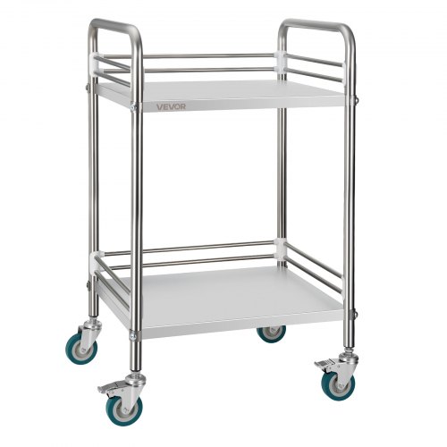 VEVOR stainless steel 2-tier rolling utility cart featuring lockable wheels, ideal for medical, lab, or storage use