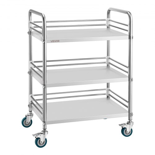 VEVOR stainless steel 3-tier rolling cart with lockable wheels, a heavy-duty mobile storage trolley for lab or medical use