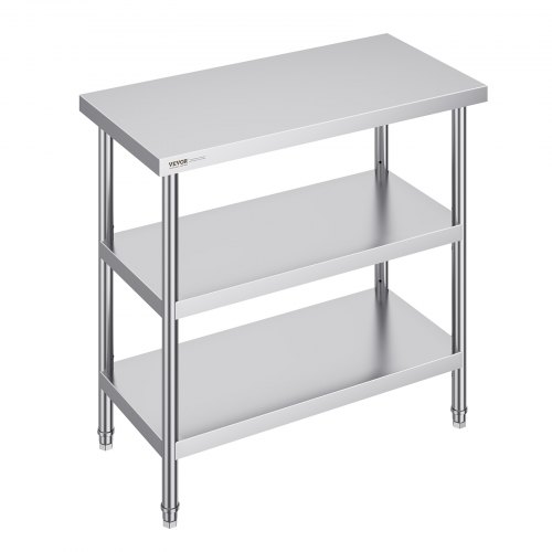 VEVOR stainless steel commercial kitchen worktable, 18x36x34 inches, features 2 adjustable undershelves for heavy-duty food preparation