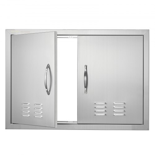 VEVOR stainless steel double BBQ access door, 30x21 inches, flush-mounted with handles and vents for outdoor kitchen walls