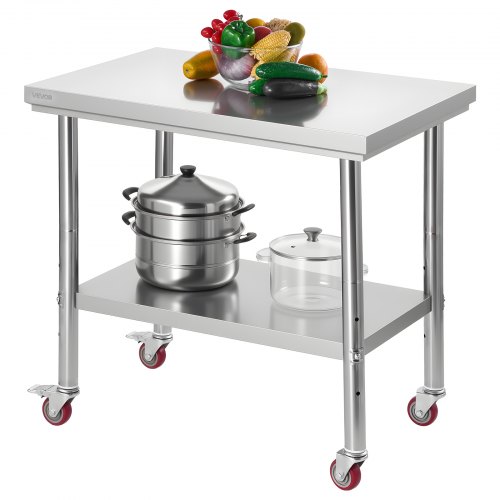 VEVOR stainless steel food prep table, 24x35.4 inches with wheels and adjustable undershelf for commercial kitchens