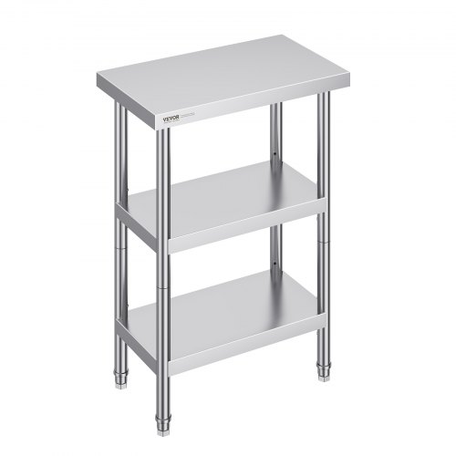 VEVOR stainless steel food preparation table, 14x24x34 inches commercial kitchen workstation featuring 2 height-adjustable lower shelves, heavy-duty metal work surface