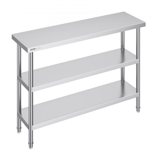 VEVOR stainless steel food preparation table, 48x14x34 inches commercial kitchen workstation featuring 2 adjustable lower shelves, sturdy metal work surface