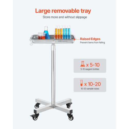 VEVOR stainless steel mayo stand with removable tray, adjustable height from 25.2 to 39.8 inches, supports up to 35 lbs, featuring wheels for mobility