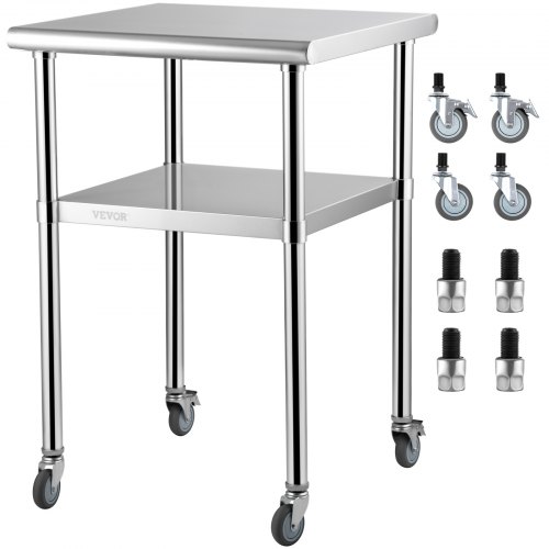 VEVOR stainless steel prep table, 24x24x36 inches, 600 lb capacity, sturdy metal workbench with shelf
