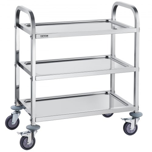 VEVOR stainless steel utility cart with 3 tiers, 400 lb capacity, lockable casters for labs, clinics, or kitchens