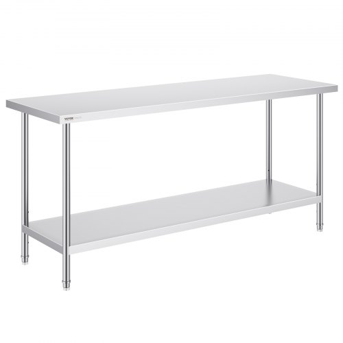 VEVOR Stainless Steel Work Table, 24 x 72 x 34 Inches, 880 lb Capacity, Heavy-Duty Metal Prep Table with 3 Height Adjustments for Commercial Use