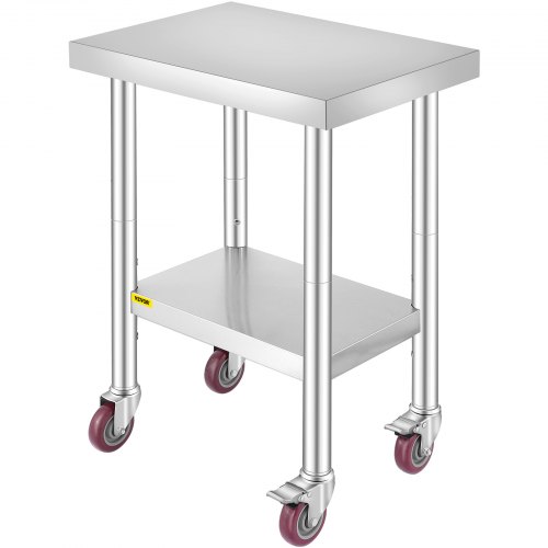 VEVOR stainless steel work table, 24x18x34 inches, supports 700 lbs, features 4 wheels and 3 height adjustments, ideal for heavy-duty food preparation