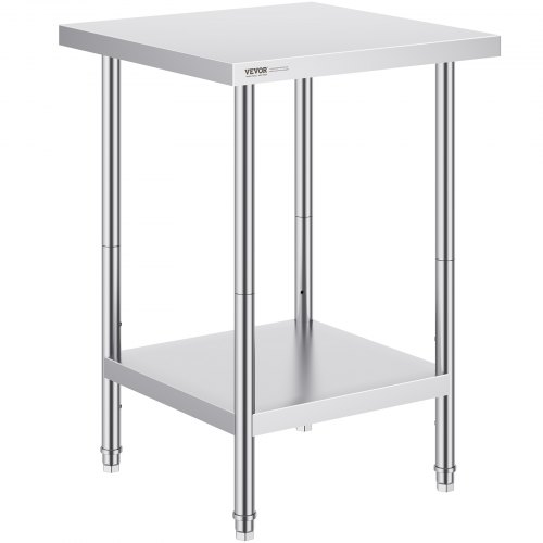 VEVOR stainless steel work table, 24x24x34 inches, supports 700 lbs, heavy-duty with 3 height adjustments for commercial use