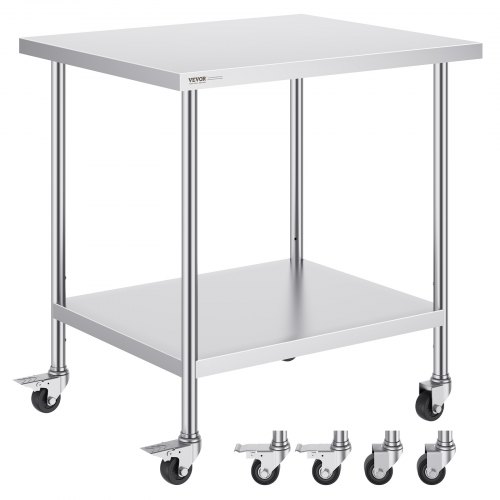 VEVOR stainless steel work table, 30x18x38 inches, features 4 wheels and 3 height settings, ideal for heavy-duty commercial kitchen use