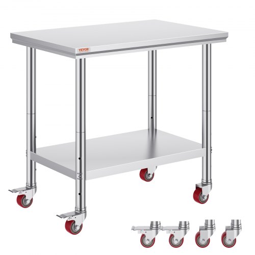 VEVOR stainless steel work table, 35x24x33 inches, supports 700 lbs, features 4 wheels and 3 height adjustments, ideal for heavy-duty food preparation