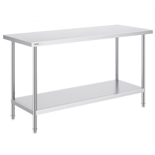 VEVOR stainless steel work table, 60"L x 24"W x 34"H, 840 lb capacity, heavy-duty commercial workstation with 3 height adjustments