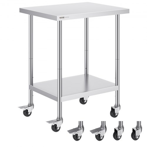 VEVOR stainless steel worktable, 24x30x38 inches, 4 wheels, 3 height settings, heavy-duty for commercial kitchens