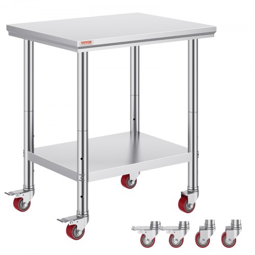 VEVOR stainless steel worktable, 30x24x33 inches, supports 700 lbs, features 4 wheels and 3 adjustable heights for heavy-duty food prep