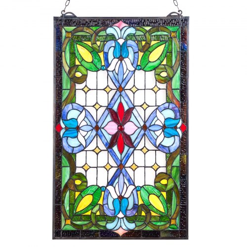 VEVOR Tiffany-style stained glass window panel, 17x29 inches, with hanging chain, large vertical rectangle vintage design