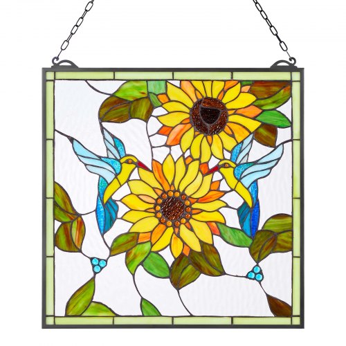 VEVOR Tiffany-style stained glass window panel, 20x20 inches, with hanging chain, large vertical rectangle vintage design