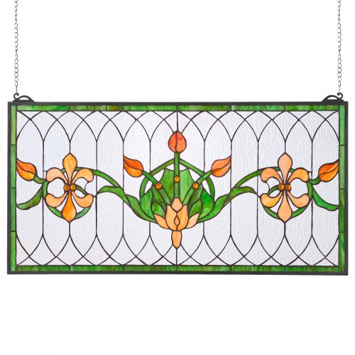VEVOR Tiffany-style stained glass window panel, 32x17 inches, with chain for hanging, large rectangular vintage transom design