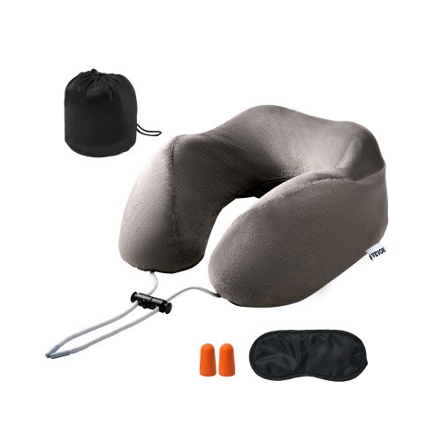 VEVOR Travel Neck Pillow with Bamboo Charcoal Memory Foam, Includes Eye Mask, Earplugs and Carry Bag for Comfortable Trips