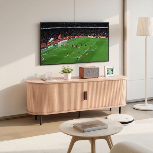 VEVOR TV Stand, Boho-style entertainment center for 58-inch TVs, supports 350 lbs, features adjustable shelves and a sliding door
