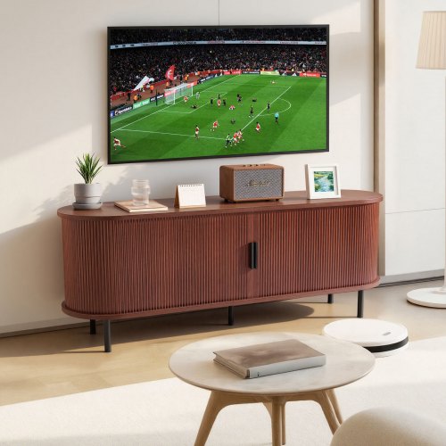 VEVOR TV Stand: Boho-style media console for 58-inch TVs, supports up to 350 lbs, features adjustable shelves and a sliding door in teak finish