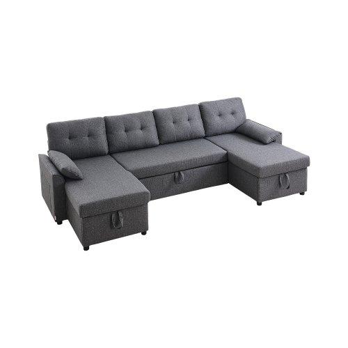 VEVOR U-shaped convertible sofa bed with side pockets, pillows, double chaise, and ample storage, seating six and extending into a sleeper