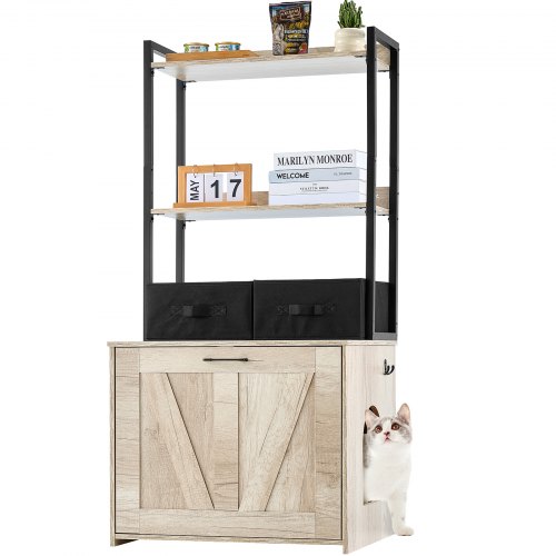 VEVOR wooden cat litter box enclosure featuring 2 storage shelves and baskets, a discreet indoor cat washroom cabinet that fits most litter boxes