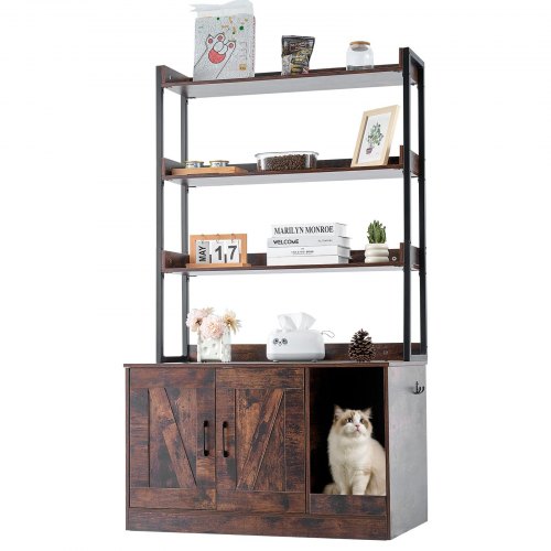 VEVOR wooden cat litter box enclosure featuring 3 storage shelves, an indoor cat washroom cabinet that discreetly hides the litter box