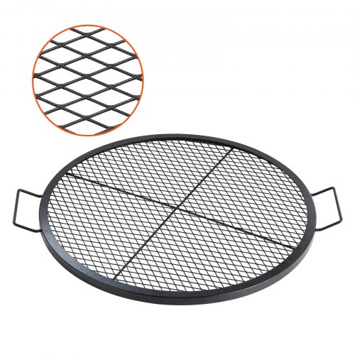 VEVOR X-Marks heavy-duty round steel grill grate for fire pits and camping, featuring a handle and X-wire support for BBQ cooking