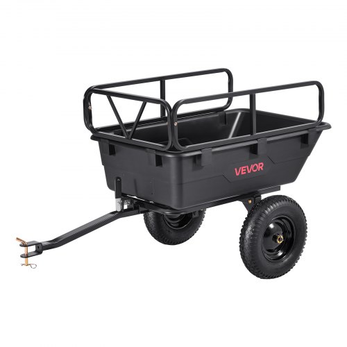 VEVOR's 10 cu ft garden utility trailer, a 500-lb capacity poly dump cart with 16" tires, suitable for ATV/UTV hauling, featuring hand-pull or foot pedal operation