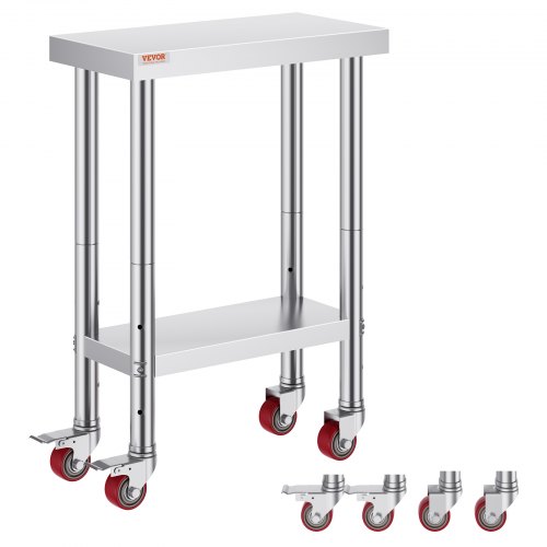 VEVOR's 12x24x34-inch stainless steel work table supports 700 lbs, features 4 wheels, and offers 3 height adjustments for heavy-duty food preparation