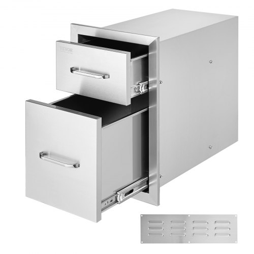 VEVOR's 13" W x 20.4" H x 20.8" D outdoor kitchen drawers feature a flush-mount double design with stainless steel handles, ideal for BBQ islands