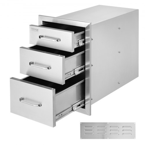 VEVOR's 14" W x 20.3" H x 23" D stainless steel outdoor kitchen drawers feature a flush-mount triple-access design with handles for BBQ islands