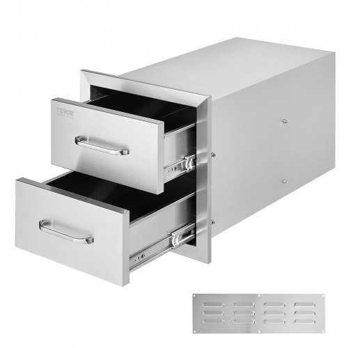 VEVOR's 14W x 14.4H x 23D inch stainless steel outdoor kitchen drawers feature a flush mount double BBQ design with handles for convenient access