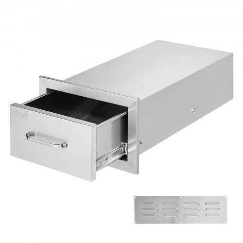 VEVOR's 14x8.5-inch outdoor kitchen drawers feature stainless steel construction, flush-mount double drawers (14W x 8.5H x 23D inches), and come with stainless steel handles for BBQ use