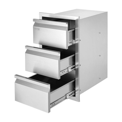 VEVOR's 15" W x 25.4" H x 19" D outdoor kitchen drawers feature a box frame design, flush mount style, and stainless steel handles for BBQ islands