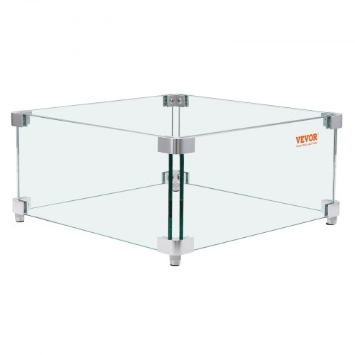 VEVOR's 15x15x7 inch clear tempered glass wind guard for square fire pits, featuring a 0.31-inch thick square glass shield