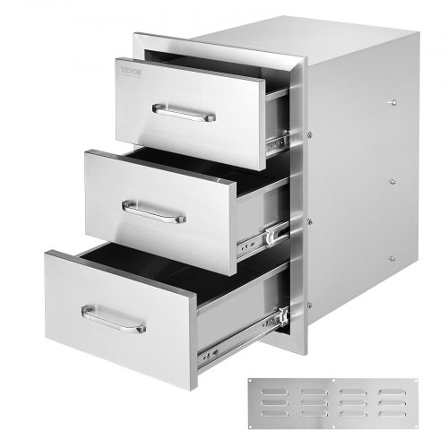 VEVOR's 16" W x 21.5" H x 18" D outdoor kitchen drawers feature a flush-mount triple-access design with stainless steel handles, ideal for BBQ islands