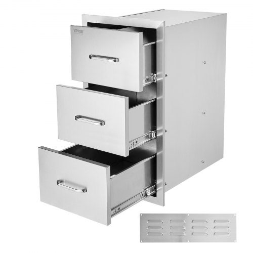 VEVOR's 16" W x 28.5" H x 20.5" D stainless steel outdoor kitchen drawers, featuring triple access and flush mount design with handles for BBQ islands