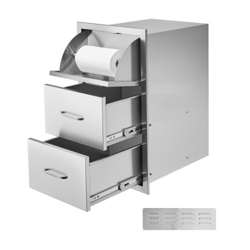 VEVOR's 16.5"W x 29"H x 20.5"D triple stainless steel outdoor kitchen drawers offer flush-mounted storage for BBQ islands