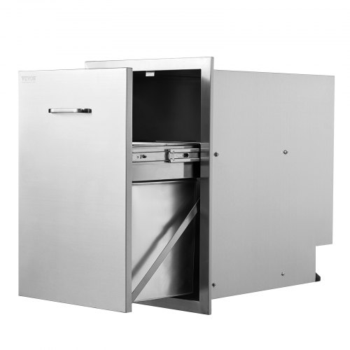 VEVOR's 17.7x22.8 inch stainless steel pull-out trash drawer with handle, designed for outdoor kitchens and BBQs, features a raised style and convenient pull-out tray