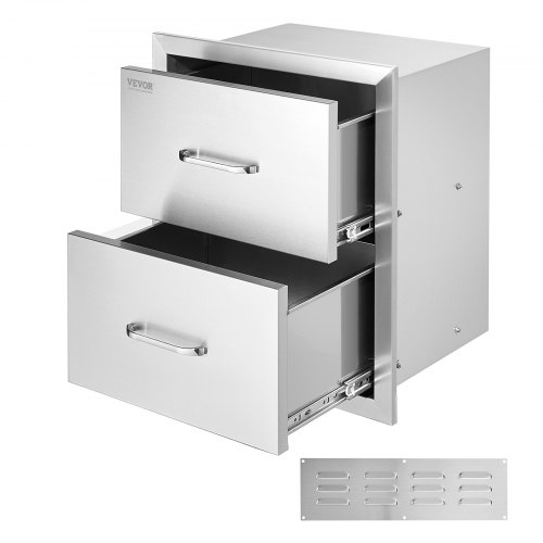 VEVOR's 17.8W x 20.2H x 12.2D inch stainless steel outdoor kitchen drawers feature a flush mount double BBQ design with handles for convenient island storage