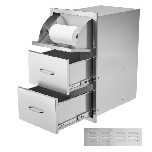VEVOR's 17x30x21-inch stainless steel outdoor kitchen combo features double access drawers and a paper towel holder for BBQ islands or grill stations