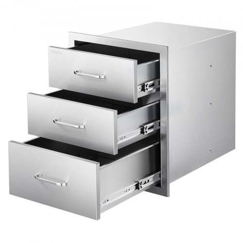 VEVOR's 18.11"W x 23.23"D x 23.23"H stainless steel outdoor kitchen drawer features triple access and handles for BBQ island use