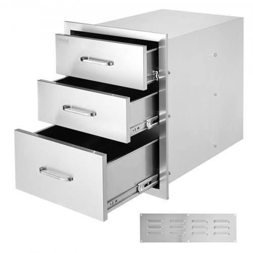VEVOR's 18x23 Inch stainless steel outdoor kitchen features triple BBQ drawers with chrome handles, measuring 18x23x23 inches