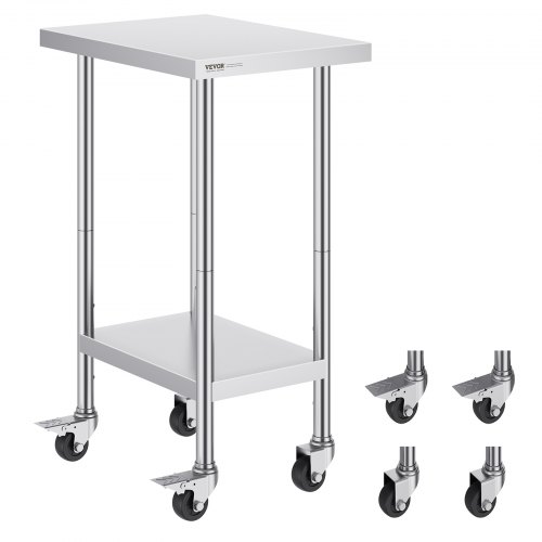 VEVOR's 24x18x38-inch stainless steel worktable features 4 wheels and 3 height adjustments, ideal for heavy-duty food prep in commercial kitchens