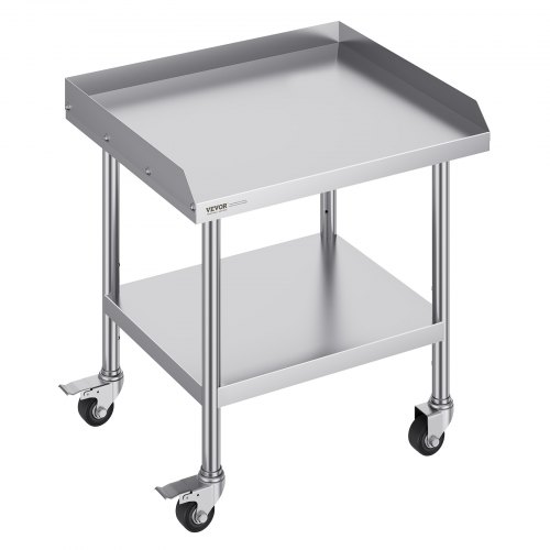 VEVOR's 24x28x30-inch stainless steel food prep table features 4 casters, a 3-sided backsplash, and heavy-duty construction for commercial use