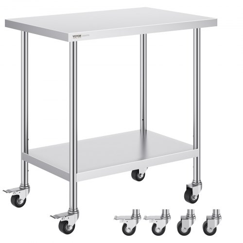 VEVOR's 24x36x38-inch stainless steel work table features 4 wheels, 3 height adjustments, and is a heavy-duty food prep surface for commercial kitchens