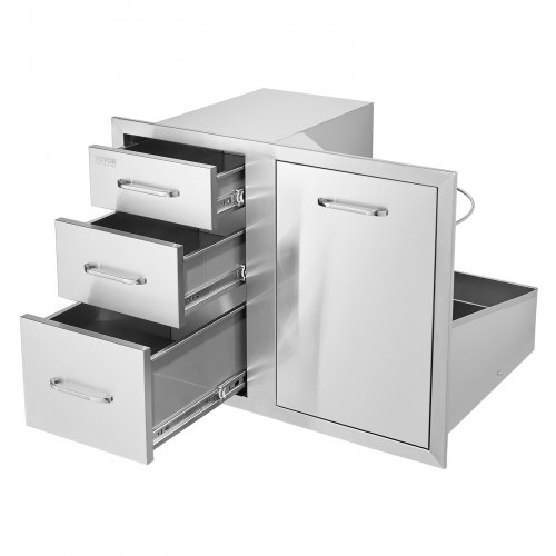 VEVOR's 29.5"W outdoor kitchen combo features an access door, triple drawers including propane storage, adjustable garbage ring, and measures 22.6"H x 21.7"D
